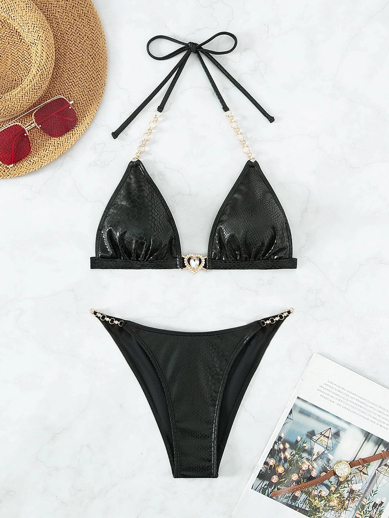 Chain Linked Halter Triangle Bikini Swimsuit