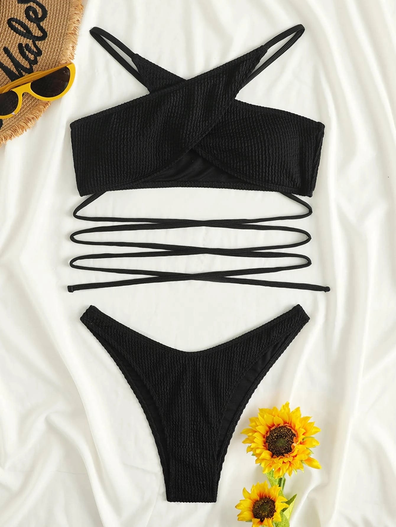 Rib Criss Cross Halter Bikini Swimsuit