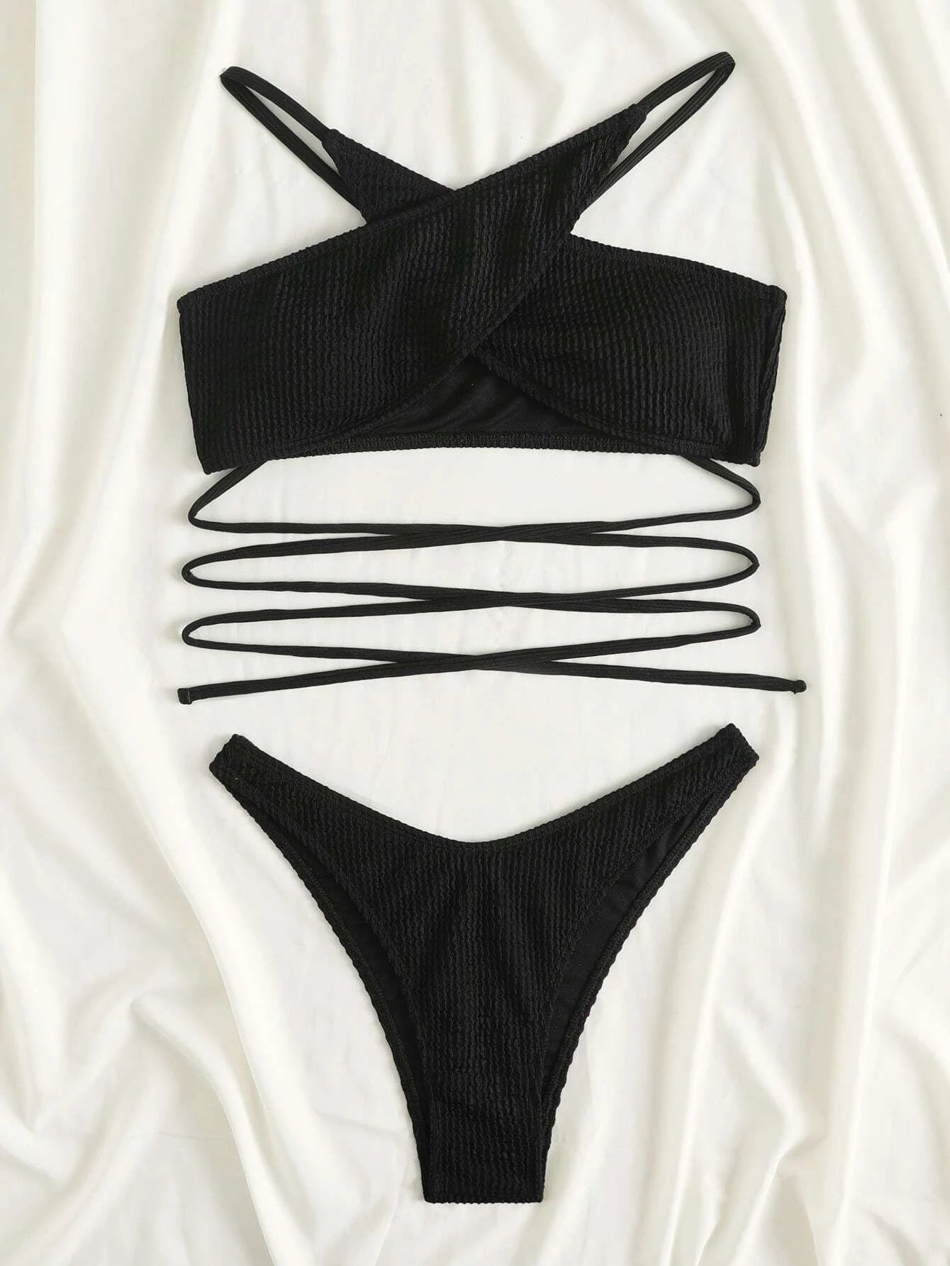 Rib Criss Cross Halter Bikini Swimsuit