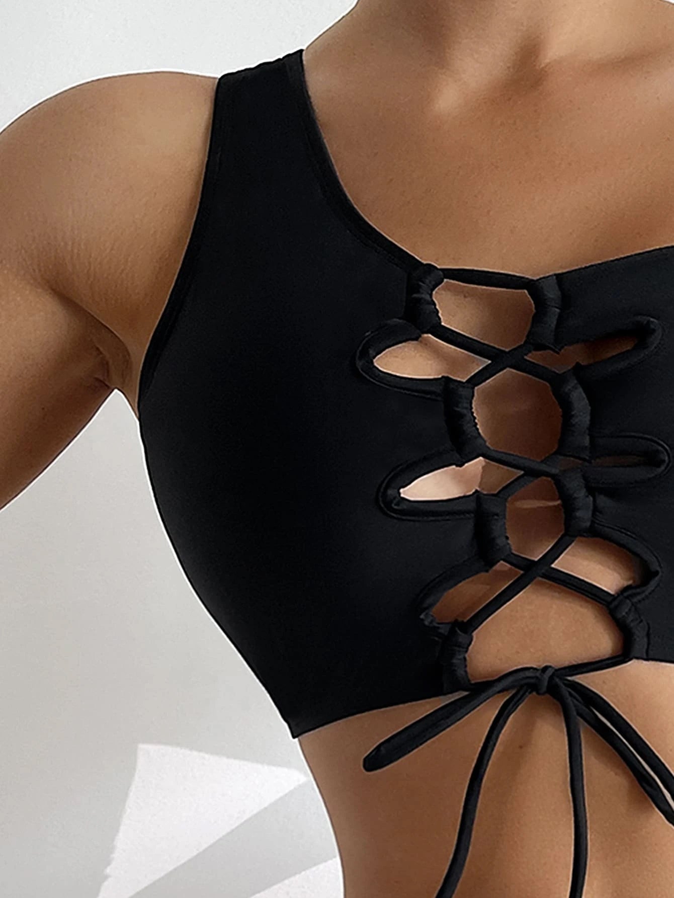 SXY Solid Lace Up Front One Shoulder Bikini