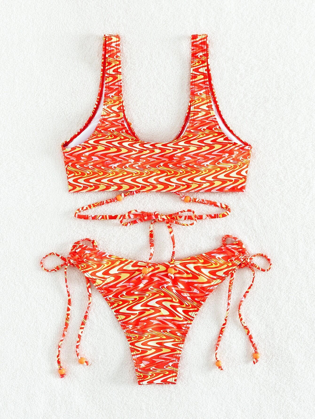 Random Fluid Pattern Print Tie Back Bead Decor Bikini Swimsuit