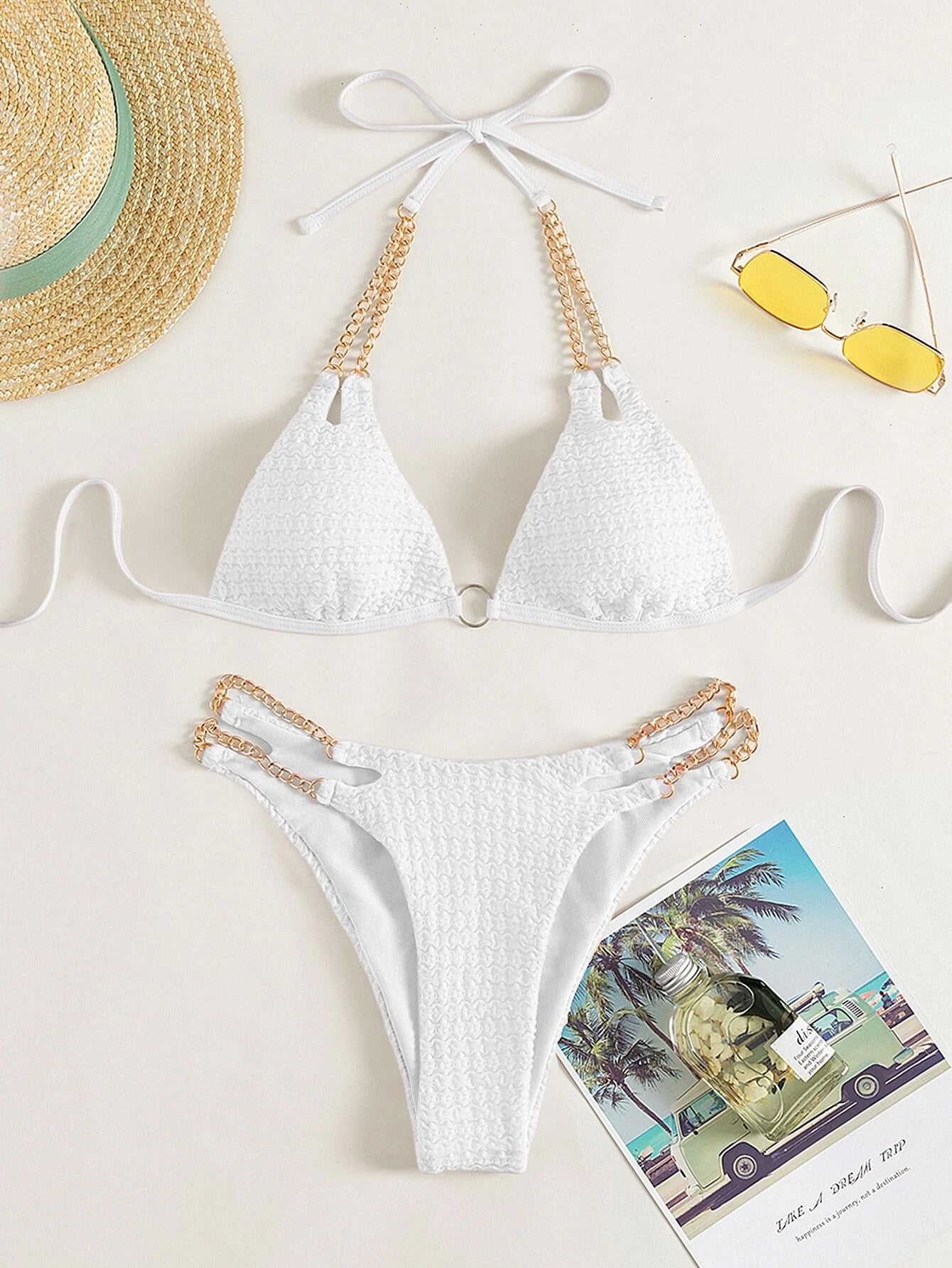 Ring Linked Chain Detail Tie Back Micro Triangle Bikini