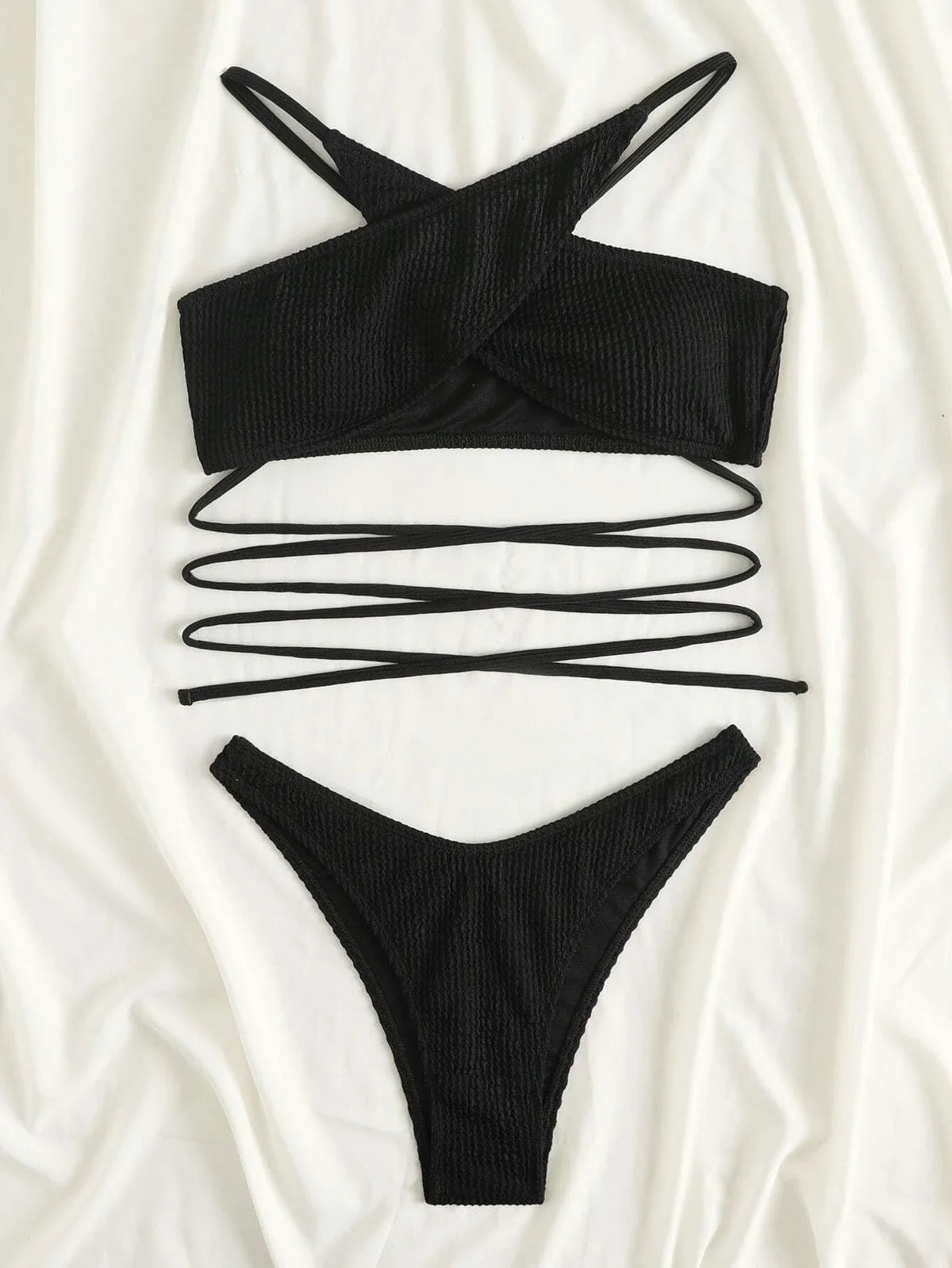 Rib Criss Cross Halter Bikini Swimsuit