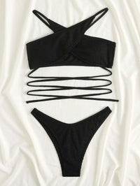 Rib Criss Cross Halter Bikini Swimsuit