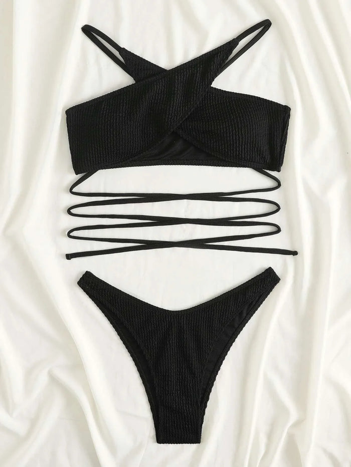 Rib Criss Cross Halter Bikini Swimsuit
