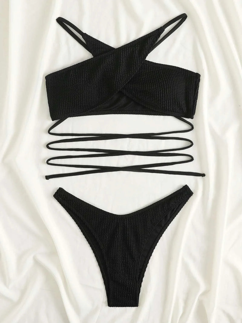 Rib Criss Cross Halter Bikini Swimsuit