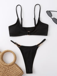 Rib Buckle Linked Thong Bikini Swimsuit black