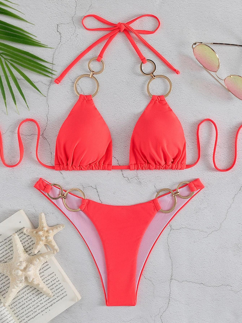Plain Ring Linked Halter Bikini