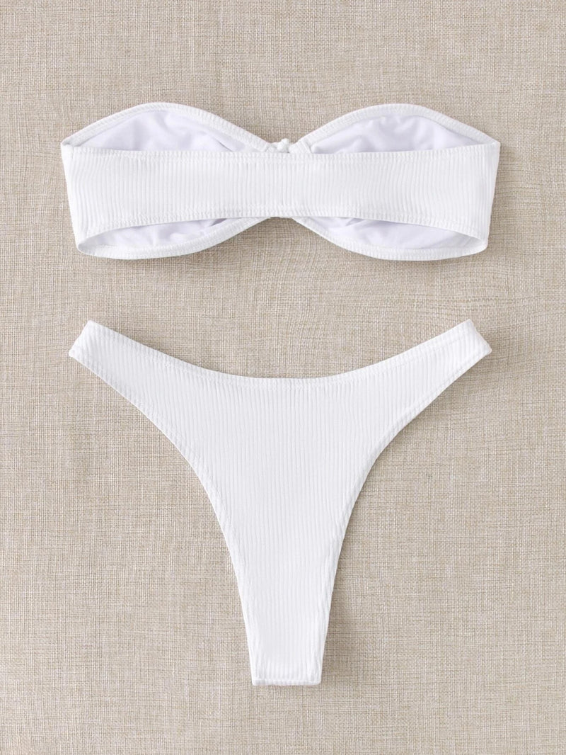Rib Tie Front Bandeau Bikini