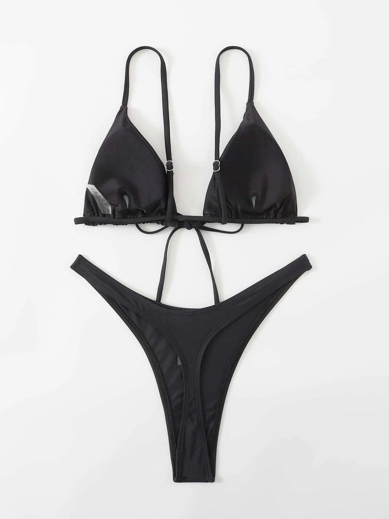 Solid Tie Front Triangle High Cut Bikini