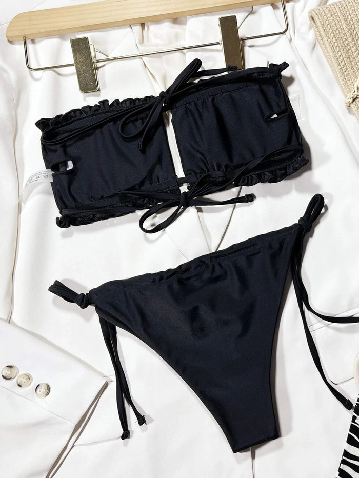 Frill Trim Bandeau Tie Side Bikini Swimsuit