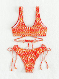 Random Fluid Pattern Print Tie Back Bead Decor Bikini Swimsuit