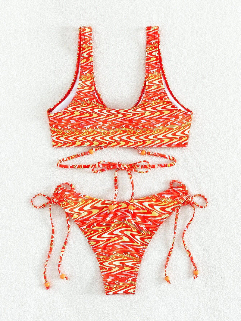 Random Fluid Pattern Print Tie Back Bead Decor Bikini Swimsuit