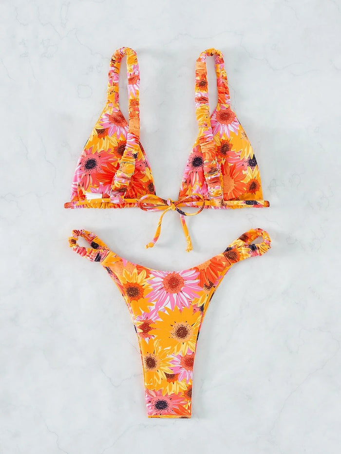 Floral Print Thong Bikini Swimsuit
