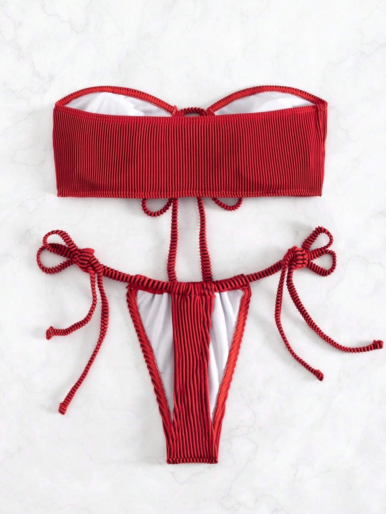Solid Bandeau Tie Side Bikini Swimsuit
