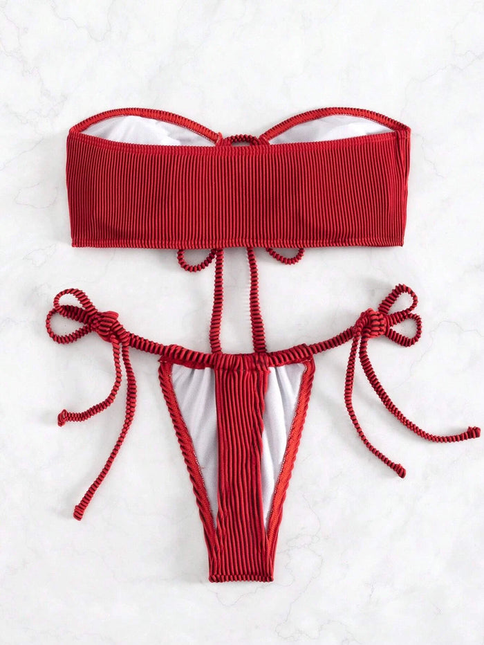 Solid Bandeau Tie Side Bikini Swimsuit