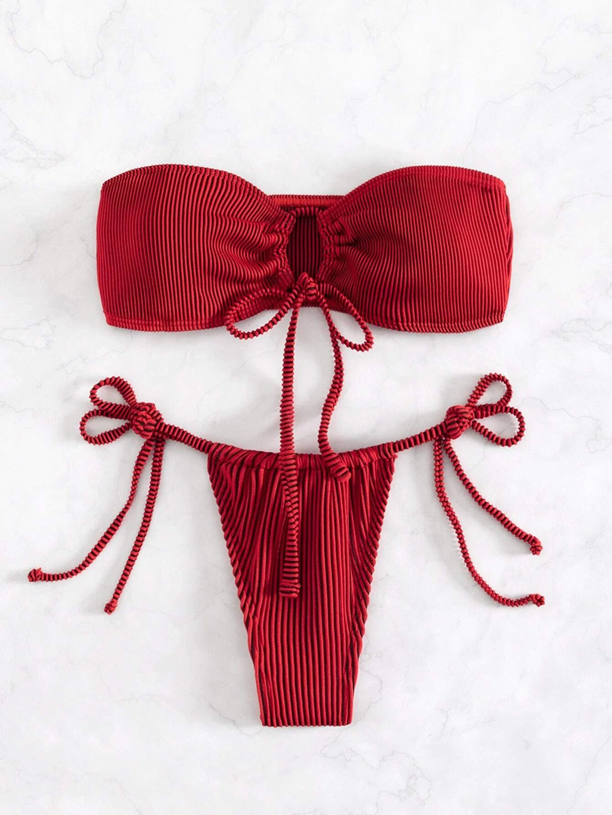 Solid Bandeau Tie Side Bikini Swimsuit