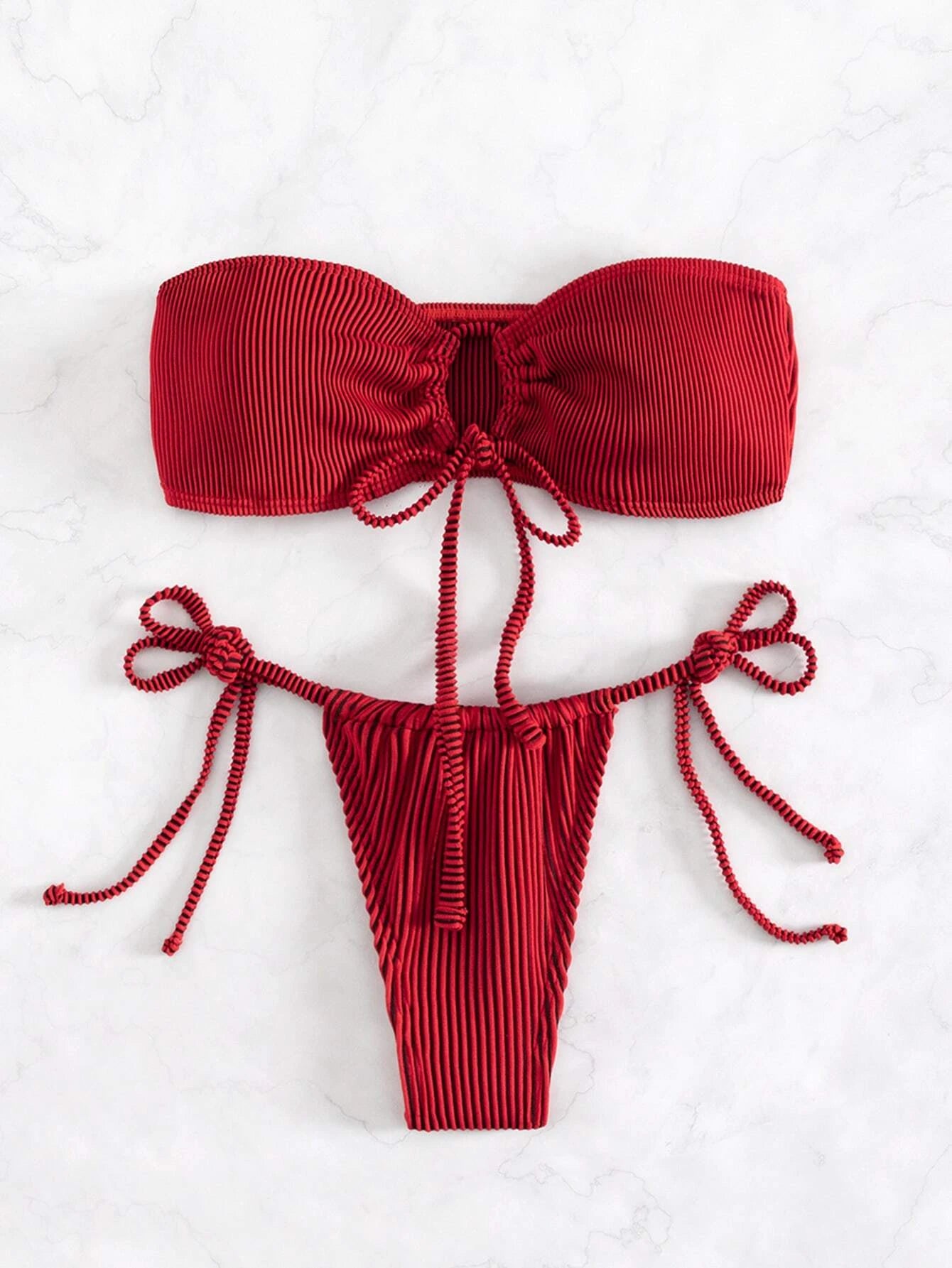 Solid Bandeau Tie Side Bikini Swimsuit