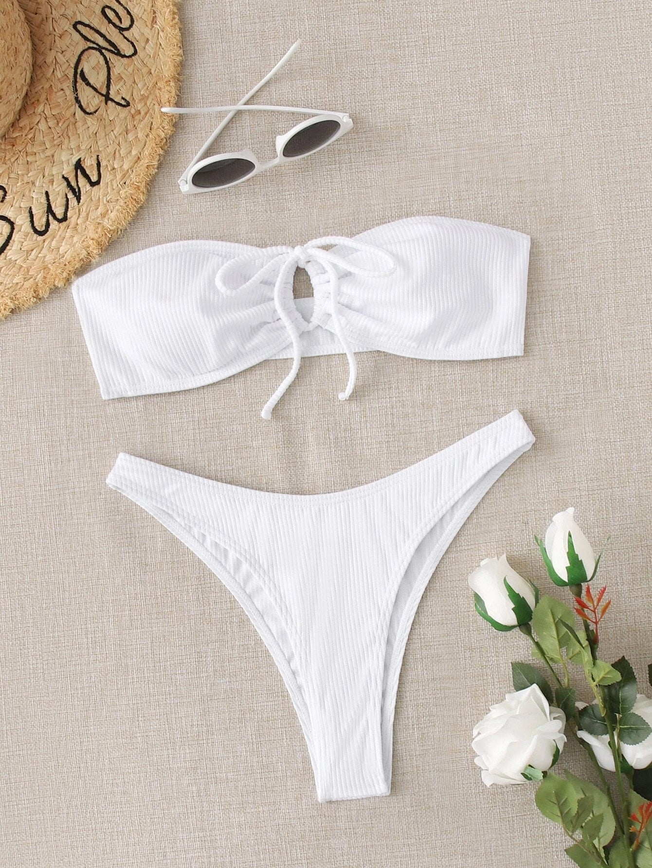 Rib Tie Front Bandeau Bikini