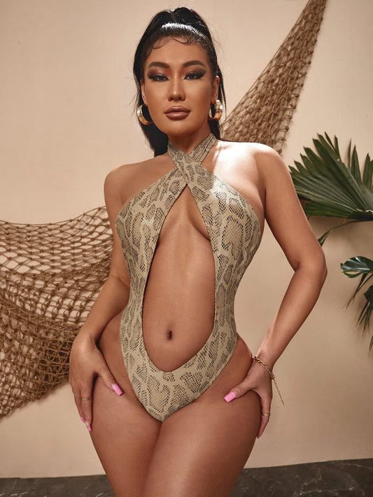Snakeskin Print Cross Backless Halter One Piece