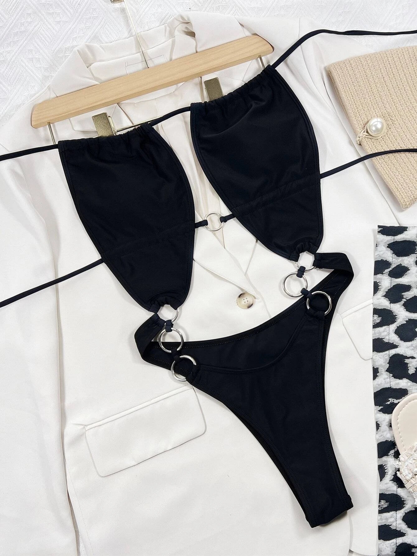 O-ring Tie Backless Halter High Cut One Piece Swimsuit