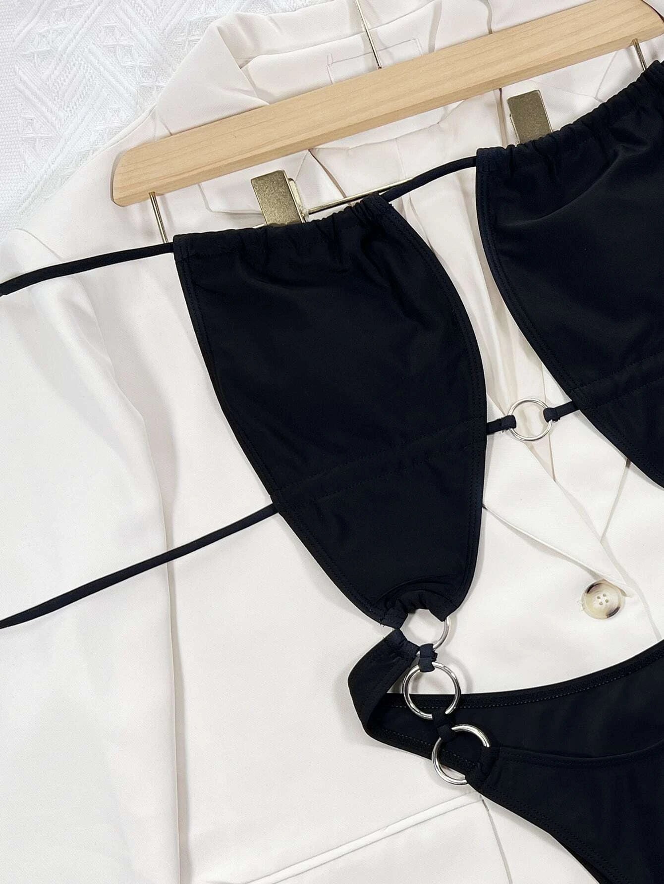 O-ring Tie Backless Halter High Cut One Piece Swimsuit